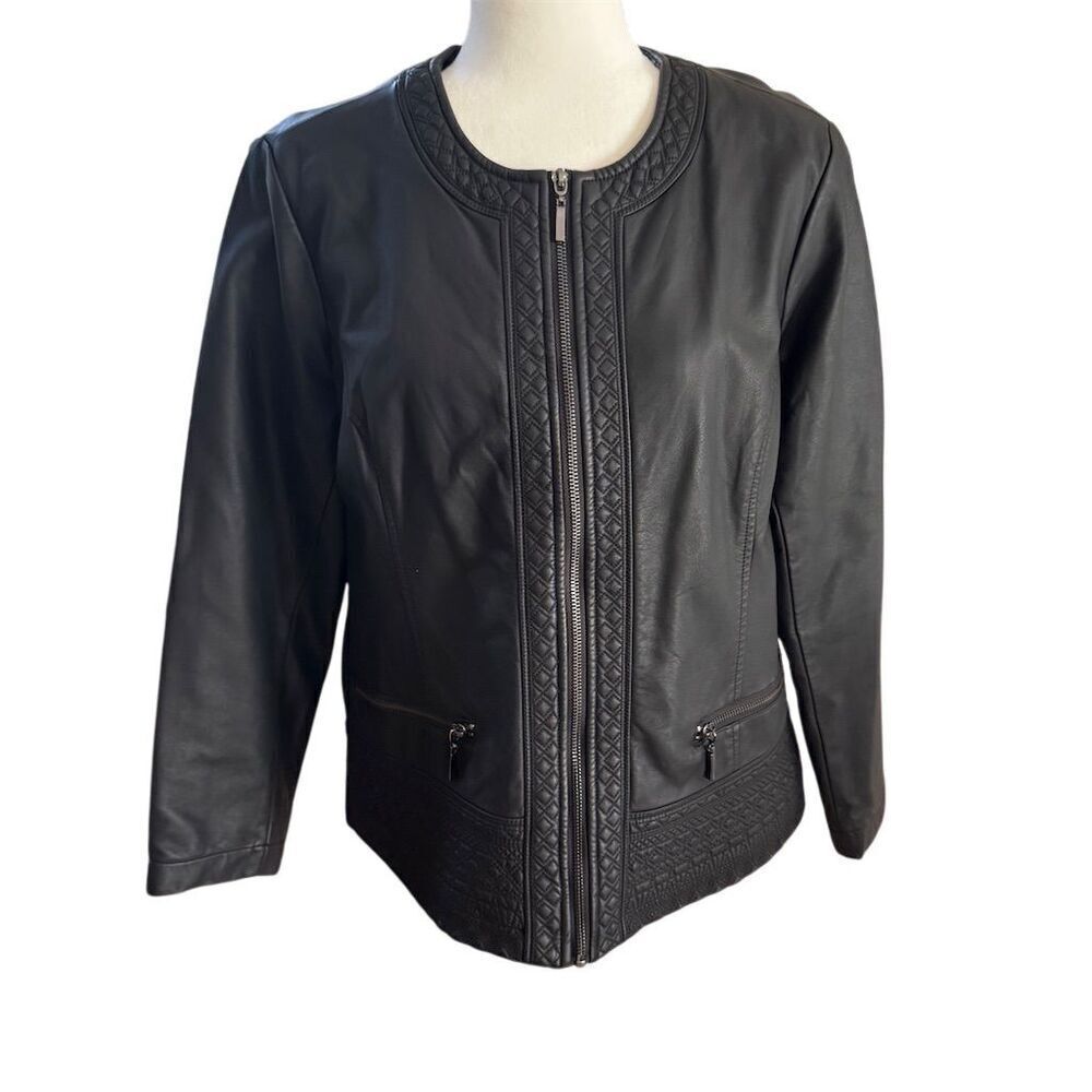 Christopher & Banks Black Faux Leather Moto Jacket Women's Size Petite Large